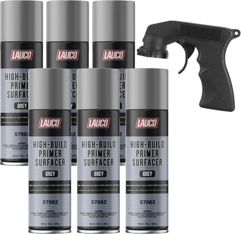 LAUCO High-Building Primer Surfacer Grey 13oz Aerosol Spray Can with Aerosol Spray Gun - Pack of 6 - For Automotive and Industrial Use - Image 1